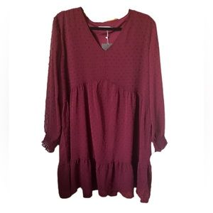 FAMITION Amazon Maroon Long Sleeve Dress Swiss Dot Flowy V Neck Shift